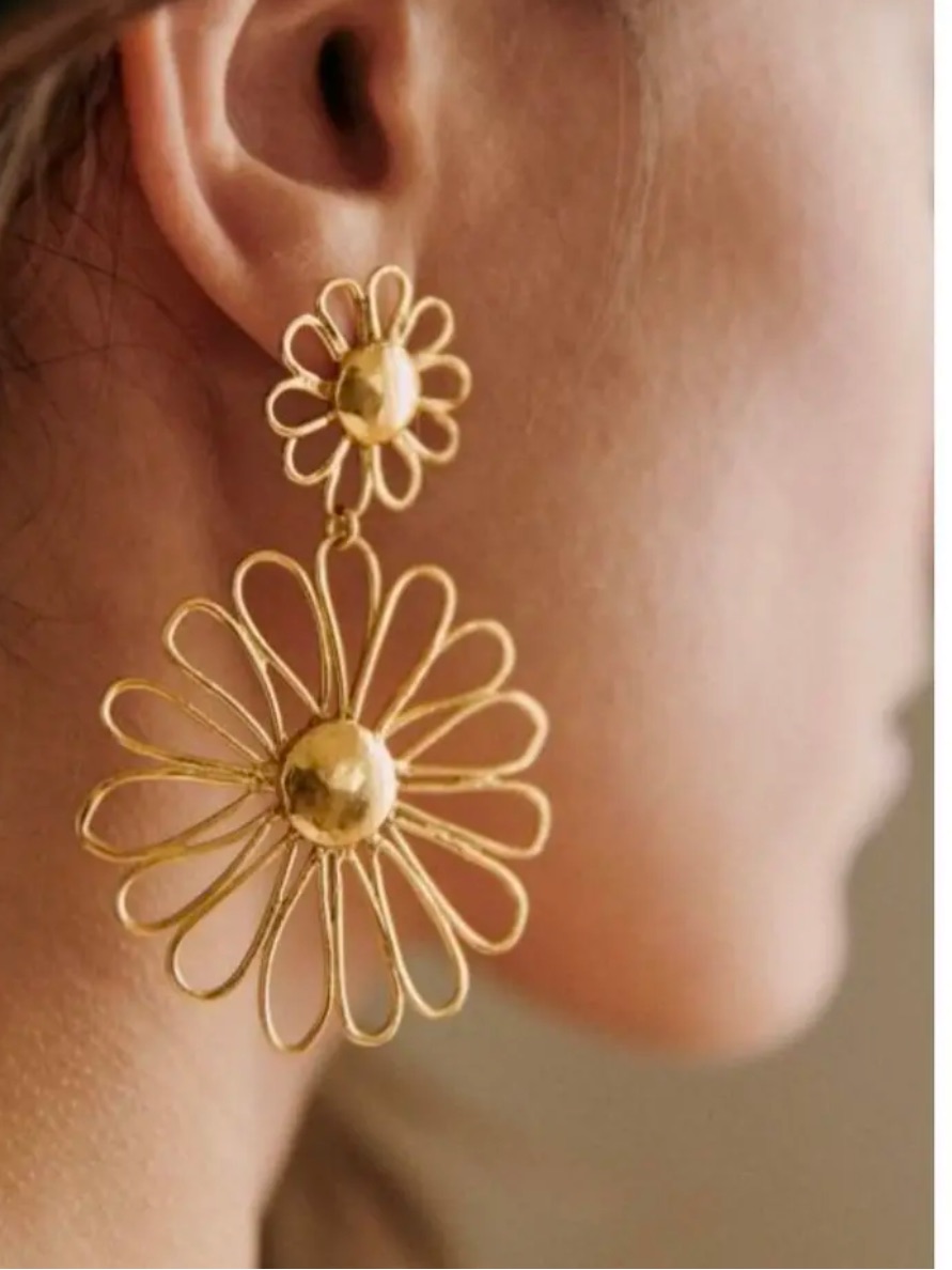 Sezane Gold Double Daisy Drop Earrings